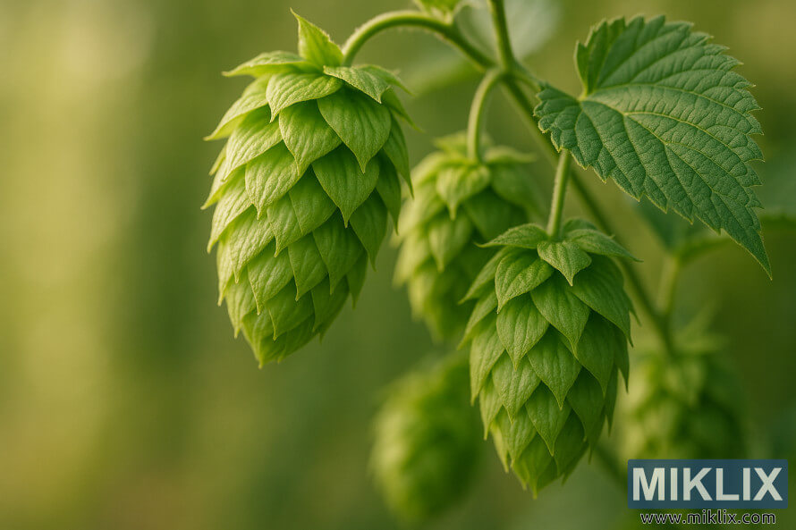 Makro fotografija Å¾ivahnih zelenih ÄeÅ¡era hmelja Vanguard na vinovoj lozi, osvijetljenih mekim dnevnim svjetlom s mutnom zlatnozelenom pozadinom.