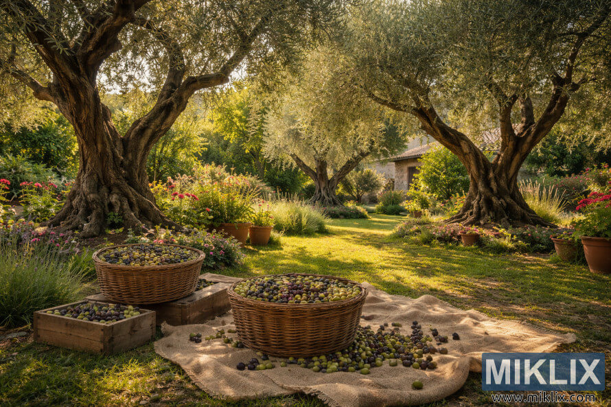 Mature olive trees in a home garden with baskets of freshly harvested olives resting on cloth in warm sunlight. Mature olive trees in a home garden with baskets of freshly harvested olives resting on cloth in warm sunlight.