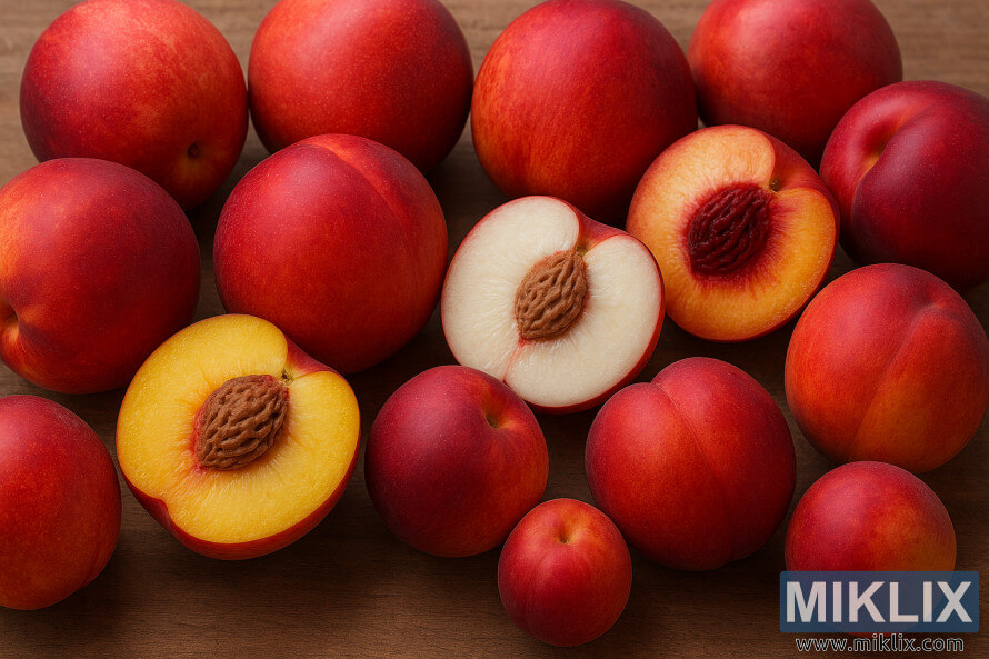 Assorted nectarines showing different flesh colors and sizes on a wooden surface