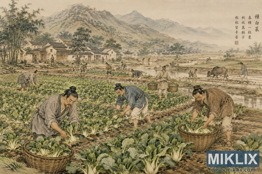 Historical-style panoramic illustration of traditional Chinese farmers harvesting bok choy in irrigated fields with woven baskets, a water buffalo, village houses, a stone bridge, bamboo groves, and misty mountains in the background. Historical-style panoramic illustration of traditional Chinese farmers harvesting bok choy in irrigated fields with woven baskets, a water buffalo, village houses, a stone bridge, bamboo groves, and misty mountains in the background.