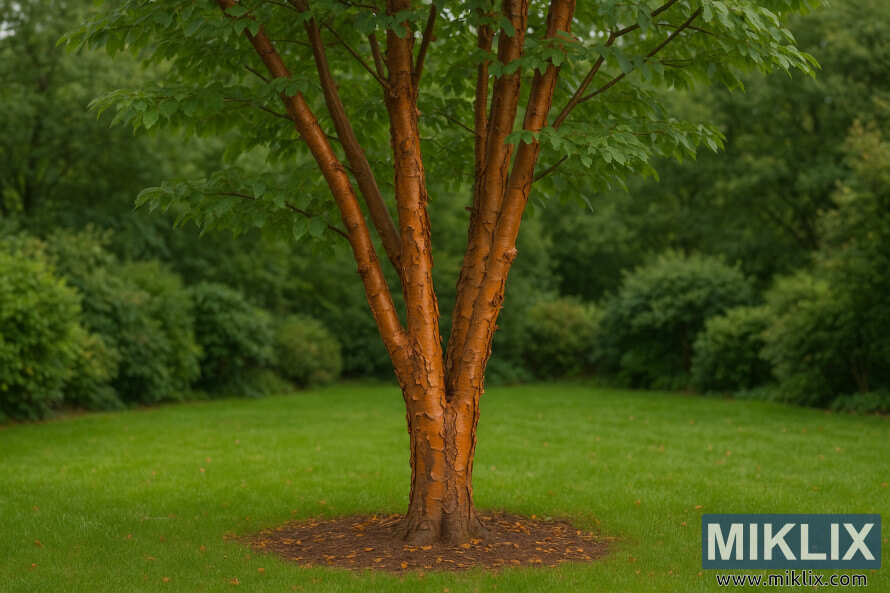 Ãrable Ã  Ã©corce de papier avec Ã©corce couleur cannelle Ã©caillÃ©e et canopÃ©e verte dans un jardin.