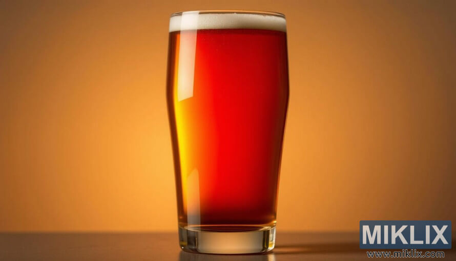 Gilashin kristal mai haske na giya amber-launin ruwan kasa mai walÆiya tare da launin zinari zuwa mahogany a cikin haske mai dumi. Gilashin kristal mai haske na giya amber-launin ruwan kasa mai walÆiya tare da launin zinari zuwa mahogany a cikin haske mai dumi.