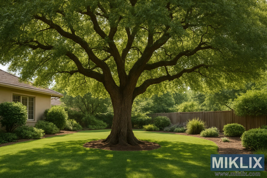 ChÃªne mature avec canopÃ©e luxuriante dans un jardin rÃ©sidentiel serein.