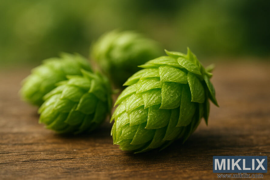 Tutup-up tina congcot hop hÃ©jo vibrant dina permukaan kai pikeun hopping garing.