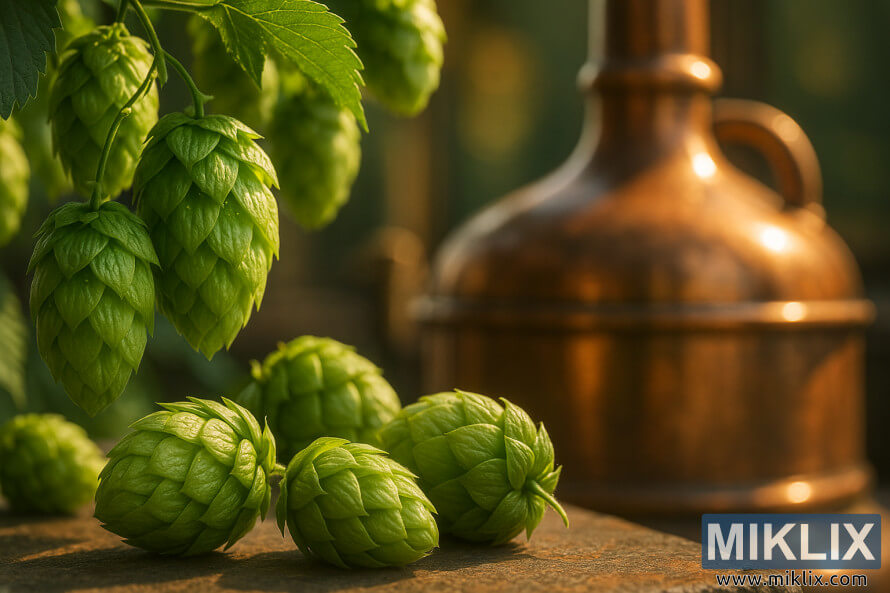 Close-up of fresh Lucan hop cones glowing green against a copper brew kettle with sunlight filtering through bines.