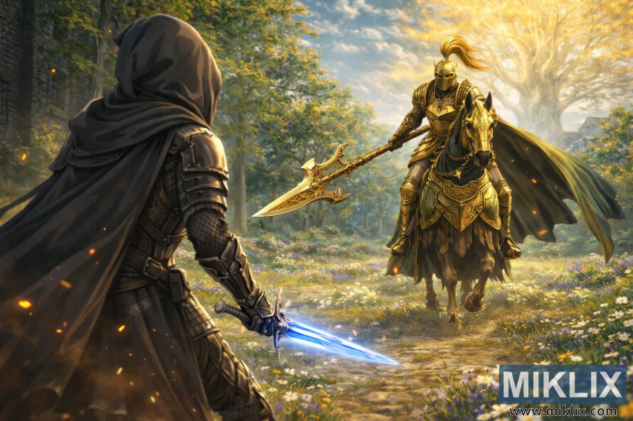 Anime-style fan art showing the Tarnished in Black Knife armor holding a glowing blue sword while facing the Tree Sentinel on horseback with a golden halberd in a sunlit meadow.
