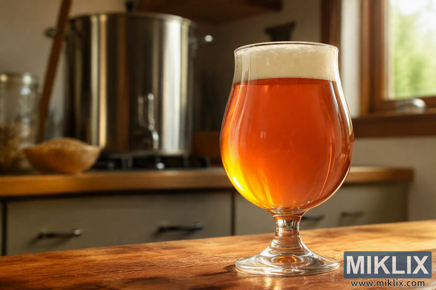 A freshly poured amber homebrewed beer with a creamy foam head sits in a tulip-shaped glass on a wooden work surface. Brewing equipment and ingredients appear softly blurred in the background, creating a warm and inviting homebrew setting. A freshly poured amber homebrewed beer with a creamy foam head sits in a tulip-shaped glass on a wooden work surface. Brewing equipment and ingredients appear softly blurred in the background, creating a warm and inviting homebrew setting.