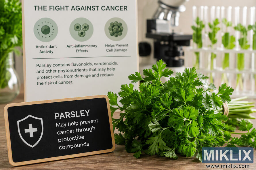 A high-resolution landscape image showing fresh parsley on a wooden table beside informational health signage discussing antioxidant and anti-inflammatory properties linked to cancer prevention, with a blurred laboratory background containing test tubes and a microscope. A high-resolution landscape image showing fresh parsley on a wooden table beside informational health signage discussing antioxidant and anti-inflammatory properties linked to cancer prevention, with a blurred laboratory background containing test tubes and a microscope.