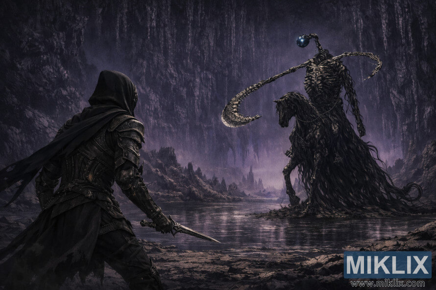 Musta noaraudrÃ¼Ã¼sse tuhmunud, seistes silmitsi MÃ¤daneva RÃ¼Ã¼tliga realistlikus lilla valgusega koopas.