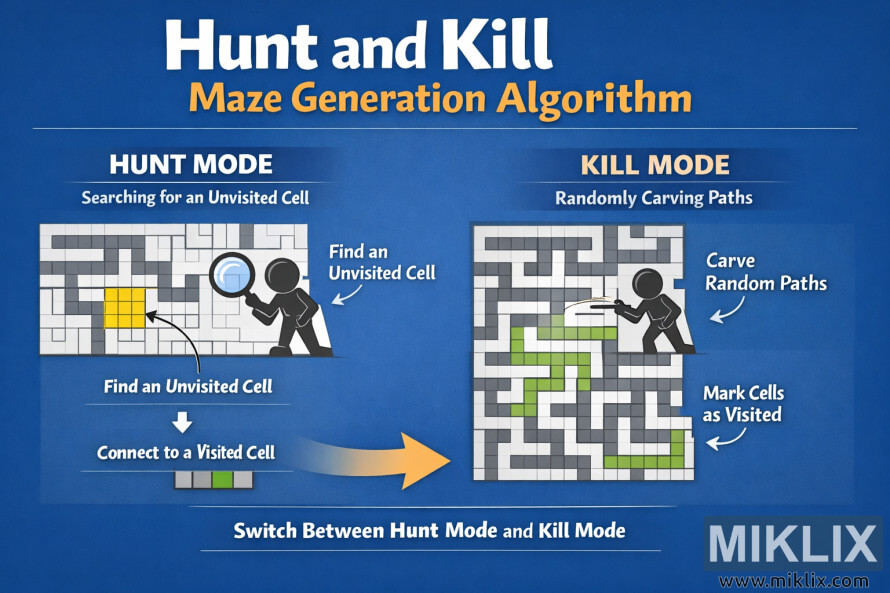 Infografik, der viser Hunt Mode og Kill Mode i Hunt and Kill-labyrintgenereringsalgoritmen med tændstikfigurer, der søger og udskærer stier.