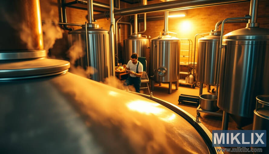 BerÄrie cu cuvÄ de must din cupru care aburieÈte, berar care monitorizeazÄ mustul Èi rezervoare Ã®n luminÄ caldÄ.