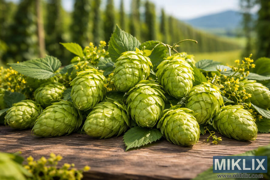 Close-up of fresh Santiam hop cones on a rustic wooden table with green leaves and yellow flowers, sunlit with a blurred hop farm and blue sky in the background. Close-up of fresh Santiam hop cones on a rustic wooden table with green leaves and yellow flowers, sunlit with a blurred hop farm and blue sky in the background.
