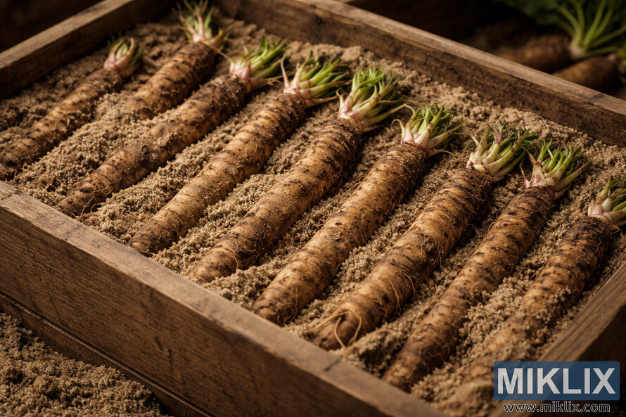 Fresh burdock roots arranged in a wooden crate filled with sand for traditional root vegetable storage and preservation.