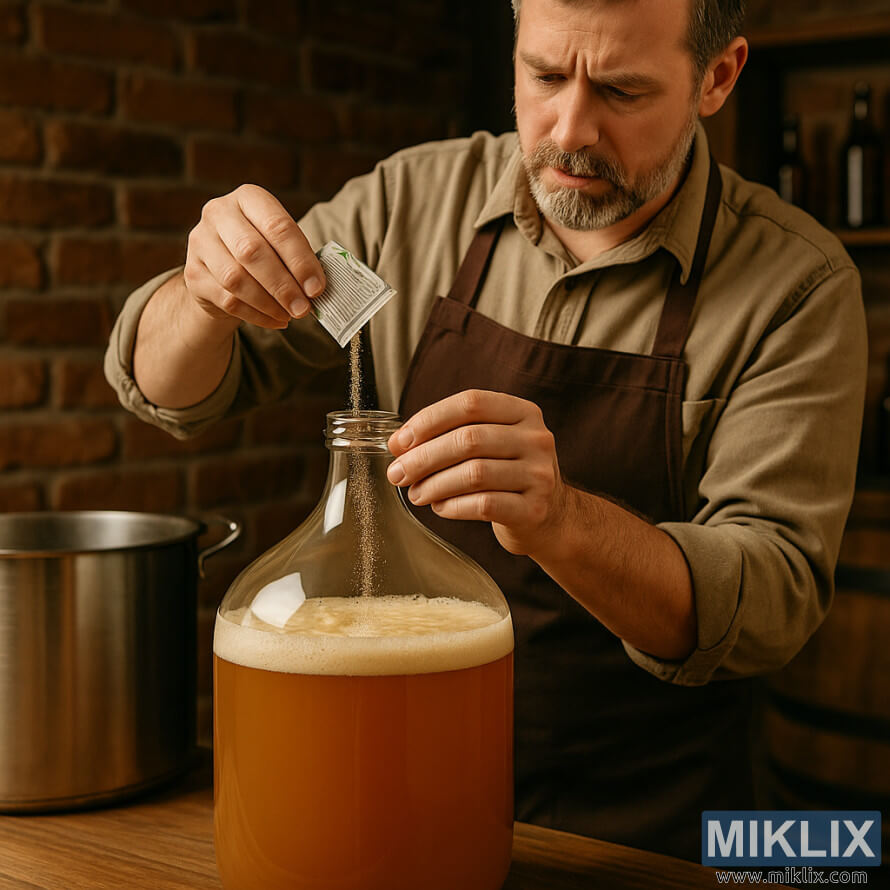 Ang isang homebrewer ay nagbubuhos ng tuyong lebadura sa isang glass fermentation vessel na puno ng wort sa isang rustic Belgian-inspired brewing space. Ang isang homebrewer ay nagbubuhos ng tuyong lebadura sa isang glass fermentation vessel na puno ng wort sa isang rustic Belgian-inspired brewing space.