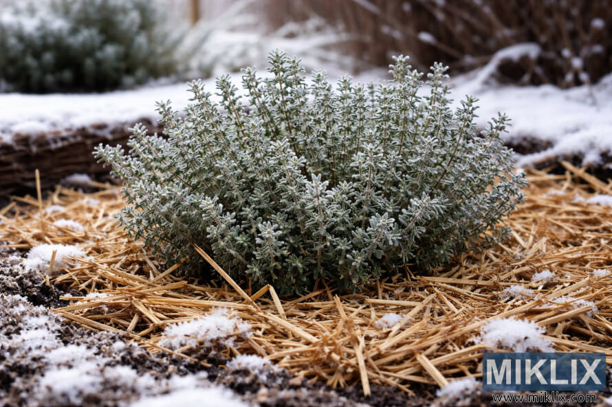 Planta de tomilho no inverno, cercada por cobertura de palha e neve leve, exibindo folhas cobertas de geada em um jardim.