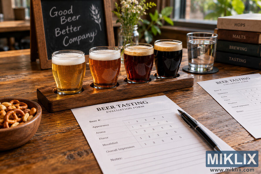 Rustic beer tasting setup with four glasses of different beers, evaluation forms, pen, water glass, snacks, flowers, and brewing books on a wooden table Rustic beer tasting setup with four glasses of different beers, evaluation forms, pen, water glass, snacks, flowers, and brewing books on a wooden table