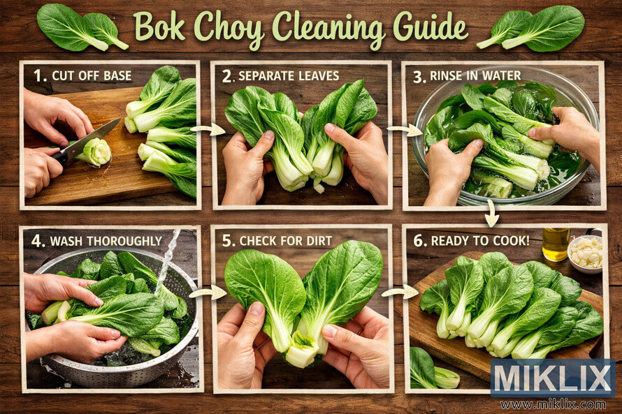 A detailed six-step photographic guide showing how to clean and prepare bok choy, including cutting off the base, separating leaves, rinsing, washing, checking for dirt, and presenting cleaned bok choy ready to cook on a wooden background. A detailed six-step photographic guide showing how to clean and prepare bok choy, including cutting off the base, separating leaves, rinsing, washing, checking for dirt, and presenting cleaned bok choy ready to cook on a wooden background.