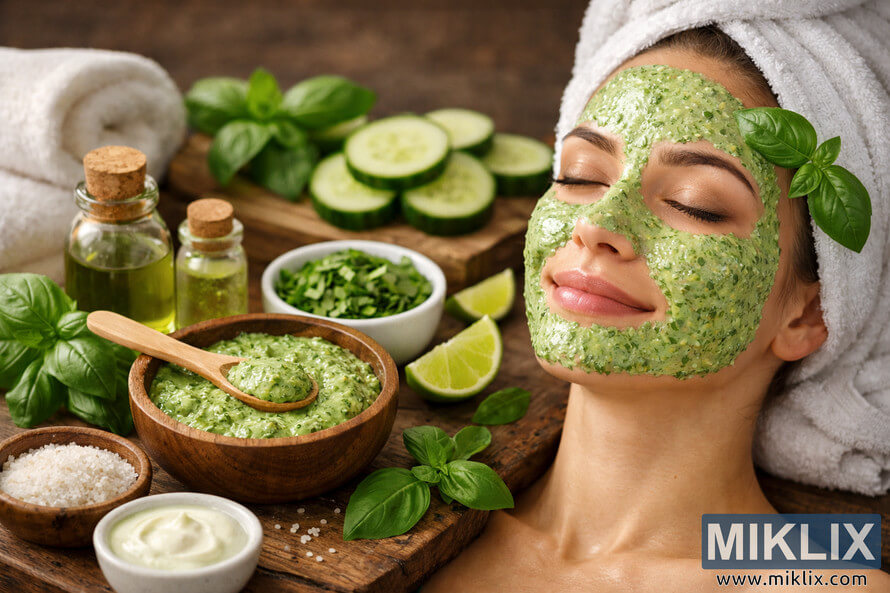 Woman relaxing with a green basil face mask on her face, surrounded by fresh basil leaves, cucumber slices, lime wedges, and natural skincare ingredients arranged on a rustic wooden surface.