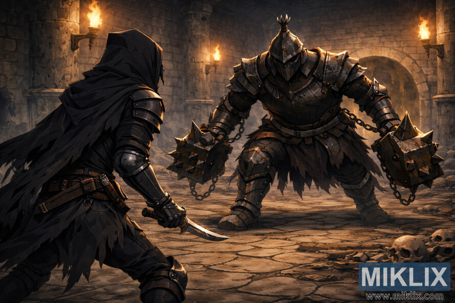 Anime-style illustration of the Tarnished seen from behind confronting the Grave Warden Duelist at close range inside the torchlit Murkwater Catacombs.