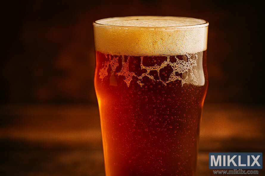 Lähikuva meripihkanvärisellä IPA:lla täytetystä tuoppilasista, jota valaisee lämmin valo puisella baaritiskillä Lähikuva meripihkanvärisellä IPA:lla täytetystä tuoppilasista, jota valaisee lämmin valo puisella baaritiskillä