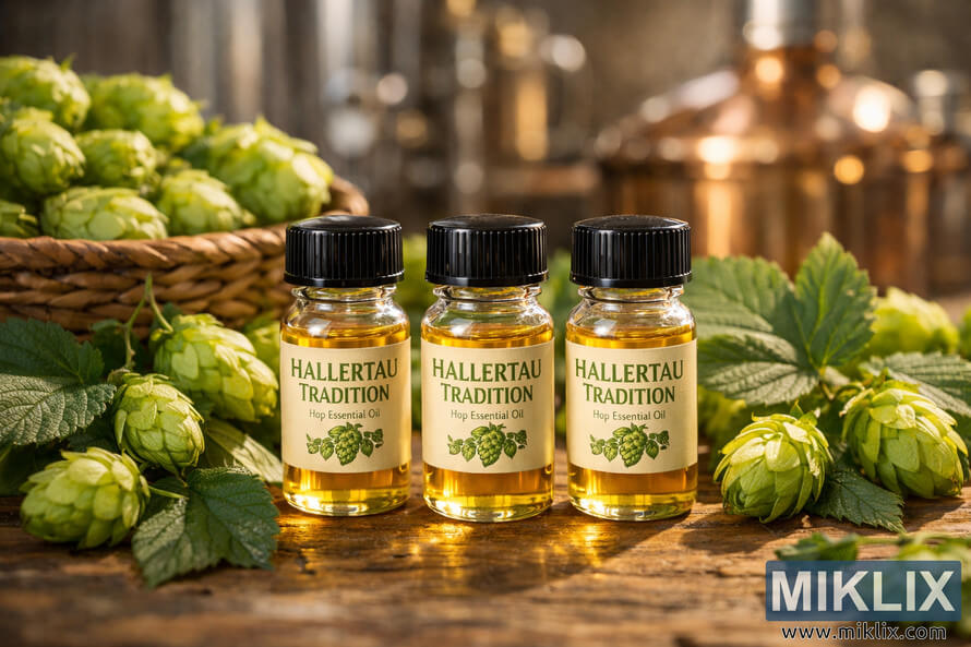 Three small glass vials of Hallertau Tradition hop essential oil filled with golden liquid, arranged on a wooden surface and surrounded by fresh green hop cones, with softly blurred copper brewing equipment in the background. Three small glass vials of Hallertau Tradition hop essential oil filled with golden liquid, arranged on a wooden surface and surrounded by fresh green hop cones, with softly blurred copper brewing equipment in the background.