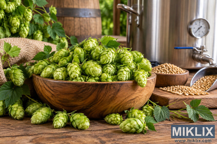 Fresh green hop cones overflowing from a wooden bowl on a rustic table, surrounded by hop leaves, malted grain, a metal scoop, a wooden barrel, and stainless-steel brewing equipment. Fresh green hop cones overflowing from a wooden bowl on a rustic table, surrounded by hop leaves, malted grain, a metal scoop, a wooden barrel, and stainless-steel brewing equipment.