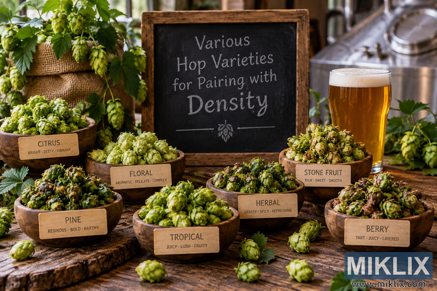 Landscape brewery still life showing seven wooden bowls of hop varieties labeled Citrus, Floral, Pine, Tropical, Herbal, Stone Fruit, and Berry around a chalkboard reading âVarious Hop Varieties for Pairing with Density,â with fresh hop plants, an unbranded amber beer, and blurred stainless-steel brewing equipment in the background.