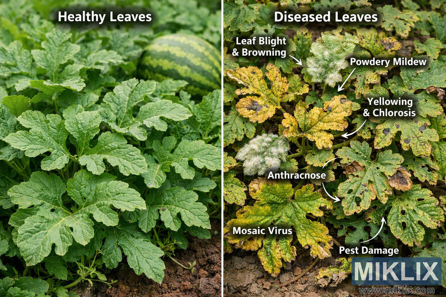 Side-by-side comparison of healthy watermelon leaves and diseased leaves showing powdery mildew, mosaic virus, yellowing, pest damage, and leaf blight. Side-by-side comparison of healthy watermelon leaves and diseased leaves showing powdery mildew, mosaic virus, yellowing, pest damage, and leaf blight.