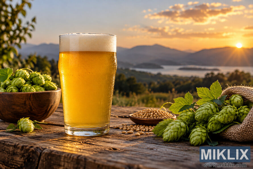 Cold golden Session IPA with a creamy foam head on a rustic wooden table, surrounded by fresh green hops, malted barley and burlap, with mountains, water and a glowing sunset in the background. Cold golden Session IPA with a creamy foam head on a rustic wooden table, surrounded by fresh green hops, malted barley and burlap, with mountains, water and a glowing sunset in the background.