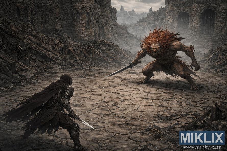 Halbrealistisches Dark-Fantasy-Bild eines gepanzerten, in einen Umhang gehÃ¼llten Kriegers, der in einem verfallenen Steinburghof aus einer erhÃ¶hten isometrischen Perspektive einem turmhohen, lÃ¶wenartigen Tier gegenÃ¼bersteht.