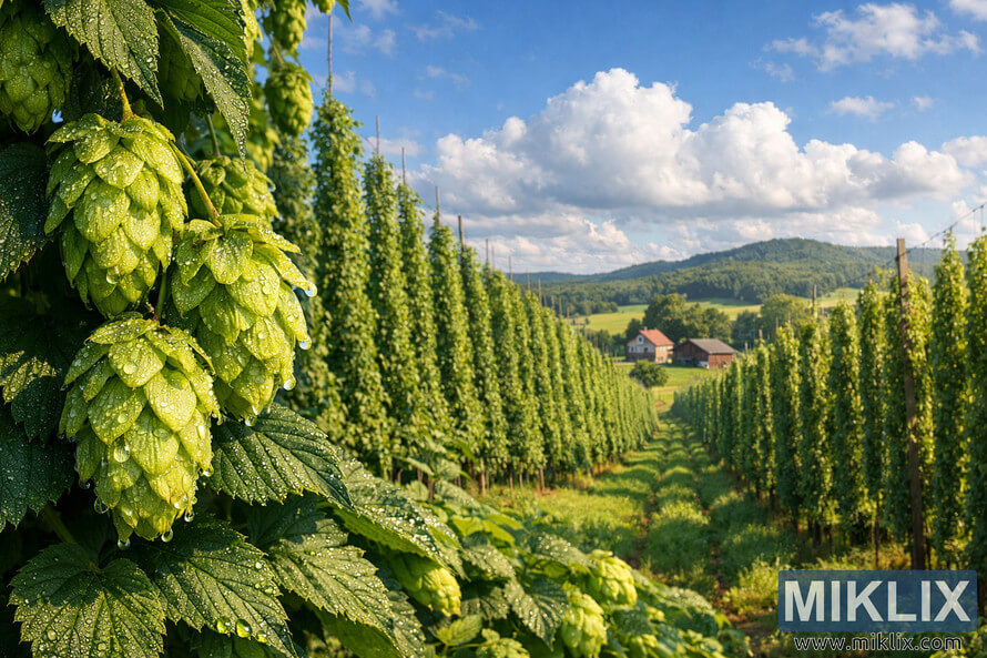 Close-up of dew-covered Orion hop cones in the foreground with long rows of hop trellises stretching toward rolling hills and a small farmhouse under a bright blue sky.