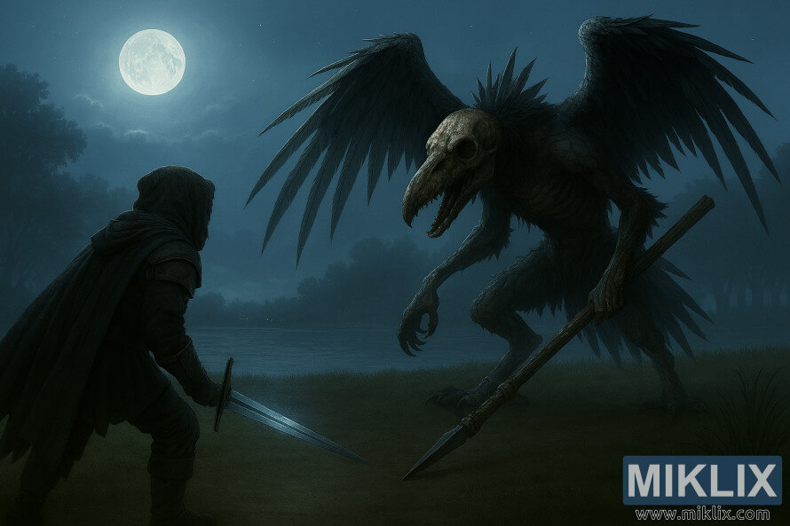 Fan art realistica dell'armatura Tarnished in Black Knife che affronta uno scheletro in decomposizione di Deathbird sotto la luce della luna Fan art realistica dell'armatura Tarnished in Black Knife che affronta uno scheletro in decomposizione di Deathbird sotto la luce della luna