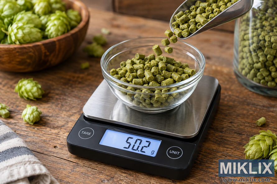 Green hop pellets being poured from a metal scoop into a glass bowl on a digital scale reading 50.2 grams, surrounded by whole hop cones on a rustic wooden surface. Green hop pellets being poured from a metal scoop into a glass bowl on a digital scale reading 50.2 grams, surrounded by whole hop cones on a rustic wooden surface.