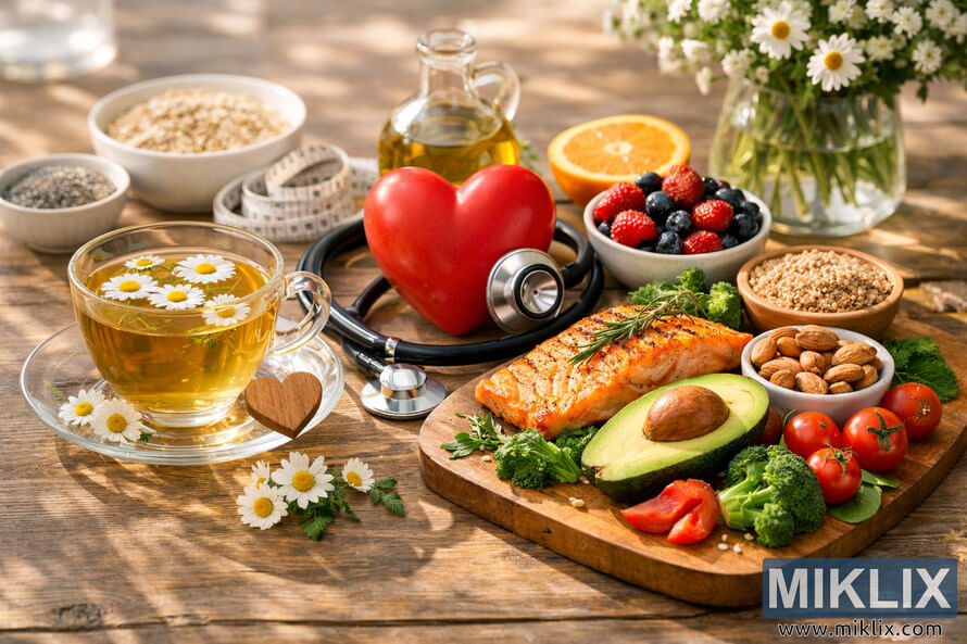 Heart-healthy lifestyle scene on a wooden table with a glass cup of chamomile tea, a red heart with a stethoscope, and an assortment of fresh foods including grilled salmon, avocado, nuts, berries, vegetables, oats, quinoa, and seeds, all bathed in natural sunlight.