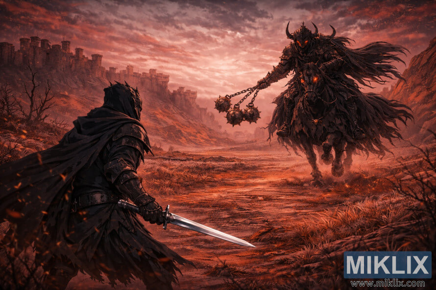 Wide anime-style scene of the Tarnished seen from behind on the left holding a sword while the Nightâs Cavalry approaches on a skeletal horse with a three-balled flail across the red wastelands of Caelid.