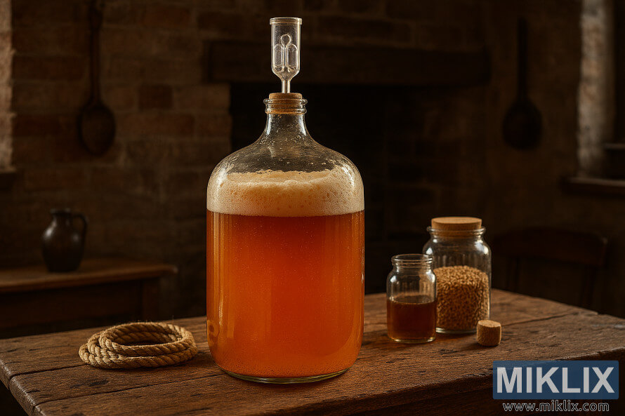 Glass carboy of golden Belgian ale fermenting on a rustic wooden table in a traditional farmhouse brewing setting Glass carboy of golden Belgian ale fermenting on a rustic wooden table in a traditional farmhouse brewing setting