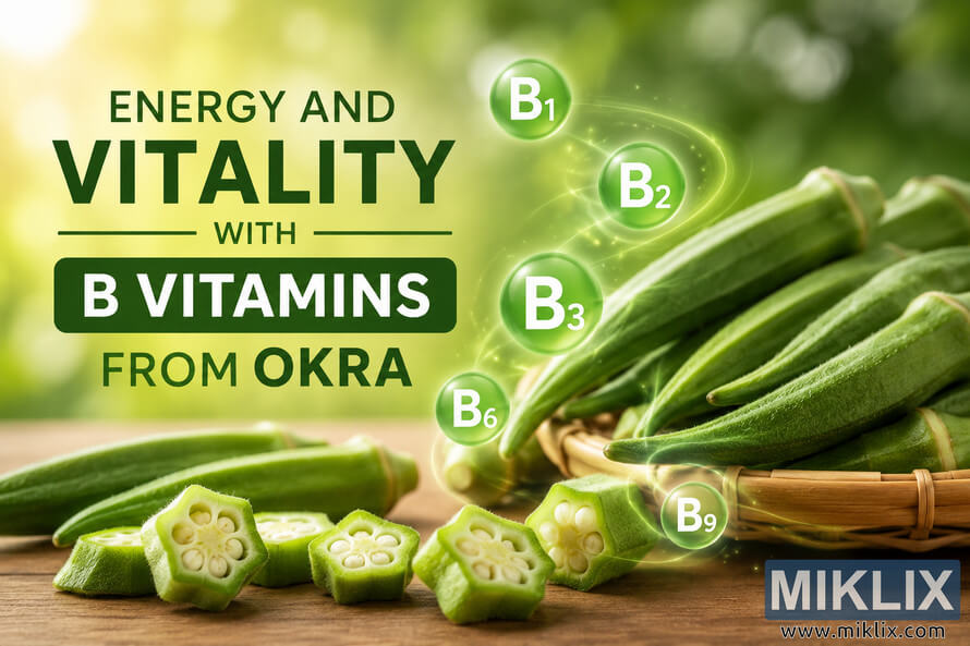 Landscape promotional graphic featuring fresh whole and sliced okra on a wooden table beside a woven basket, with glowing green B vitamin icons labeled B1, B2, B3, B6, and B9 surrounding the vegetables. Large headline text reads "Energy and Vitality with B Vitamins from Okra" against a bright green nature-inspired background with soft bokeh lighting. Landscape promotional graphic featuring fresh whole and sliced okra on a wooden table beside a woven basket, with glowing green B vitamin icons labeled B1, B2, B3, B6, and B9 surrounding the vegetables. Large headline text reads "Energy and Vitality with B Vitamins from Okra" against a bright green nature-inspired background with soft bokeh lighting.