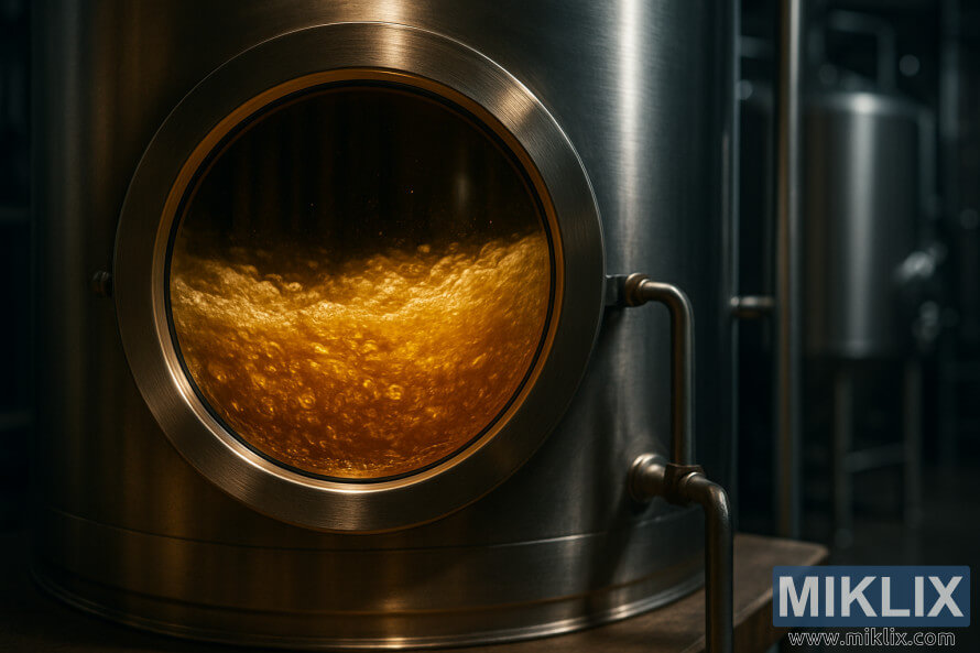 Auksinis lageris burbuliuoja nerÅ«dijanÄio plieno fermentacijos bake modernioje alaus darykloje.