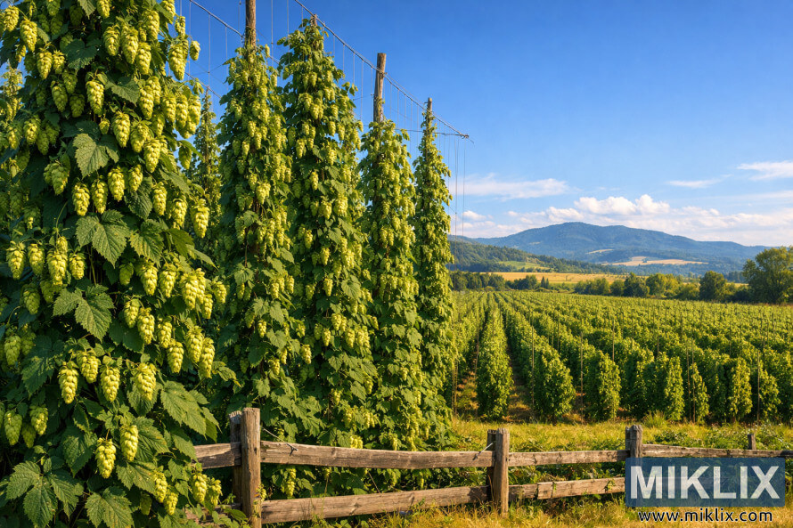 Lush hop plants climbing tall trellises beside a rustic wooden fence, with rows of hops stretching toward rolling hills under a bright blue sky.