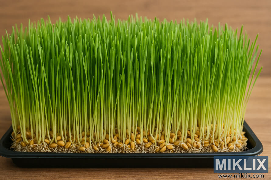Tray of vibrant green wheatgrass with visible roots and seeds, ready for harvest