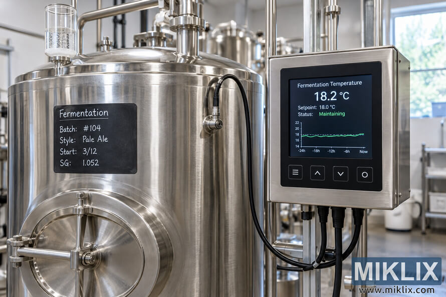Landscape photo of a stainless-steel fermentation tank beside a digital temperature controller displaying a stable 18.2Â°C reading and an 18.0Â°C setpoint, with sensor cables and brewery equipment visible.