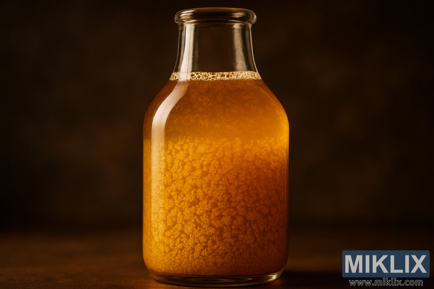 Hoton kusa da shimfidar wuri na kwalabe na gilashi mai cike da yisti na kasko na Biritaniya na zinari, wanda ke haskaka shi ta hanyar dumu-dumu da hasken shugabanci a kan bangon duhu mai duhu. Hoton kusa da shimfidar wuri na kwalabe na gilashi mai cike da yisti na kasko na Biritaniya na zinari, wanda ke haskaka shi ta hanyar dumu-dumu da hasken shugabanci a kan bangon duhu mai duhu.