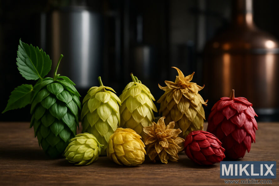 Asetelma, jossa on erilaisia vihreitÃ¤, keltaisia ja punaisia humalankÃ¤pyjÃ¤ ja kuivattuja kukkia, ja panimotankit sumenevat taustalla.