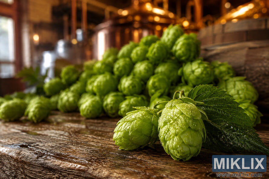 Close-up photograph of vibrant green hop cones covered with dew drops on a rustic wooden surface, with additional hop clusters and a softly blurred brewery interior featuring warm ambient lighting and brewing equipment in the background.