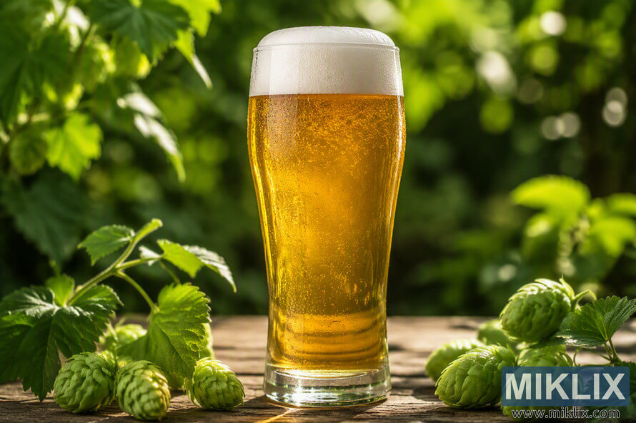 Close-up landscape photograph of a clear golden IPA beer in a tall glass with a dense white foam head, surrounded by green hop cones and hop leaves on a rustic wooden surface, illuminated by warm natural sunlight against a softly blurred garden background. Close-up landscape photograph of a clear golden IPA beer in a tall glass with a dense white foam head, surrounded by green hop cones and hop leaves on a rustic wooden surface, illuminated by warm natural sunlight against a softly blurred garden background.