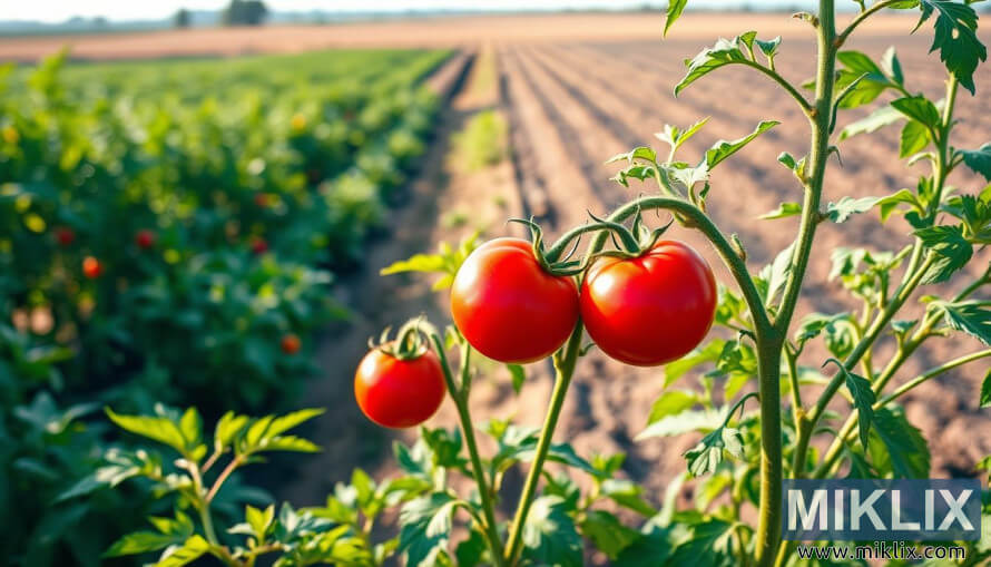 Organic tomato plant with vibrant red fruit contrasts with dull conventional plant in split scene.