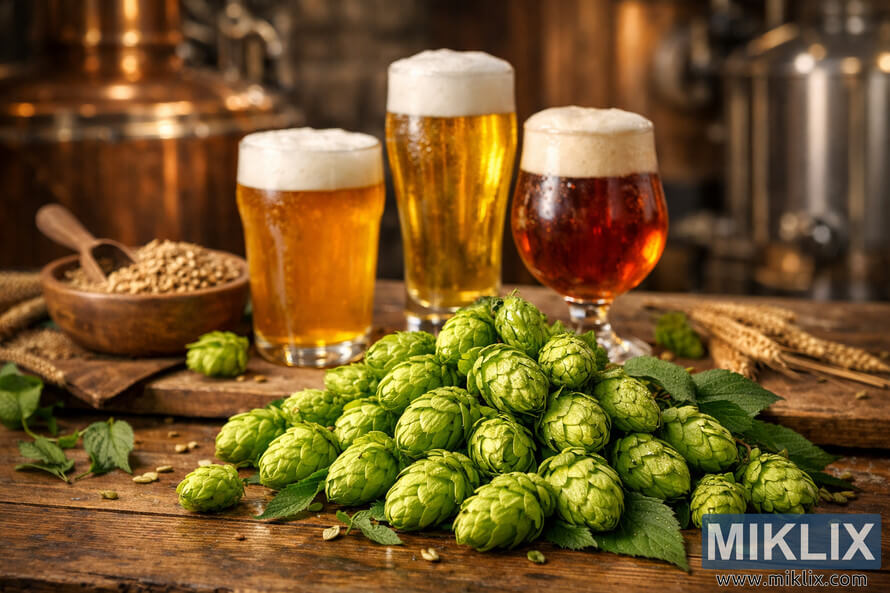 Fresh Cerera hops on a wooden table with pale ale, pale lager, and amber ale glasses in front of softly blurred brewing equipment.