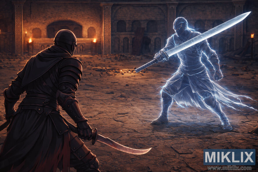 Anime-style fan art showing the Tarnished in Black Knife armor from behind, facing a ghostly blue knight wielding a massive great katana inside the Eastern Nameless Mausoleum. Anime-style fan art showing the Tarnished in Black Knife armor from behind, facing a ghostly blue knight wielding a massive great katana inside the Eastern Nameless Mausoleum.