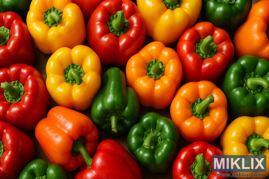 Landscape image of assorted red, yellow, orange, and green bell peppers arranged closely together.