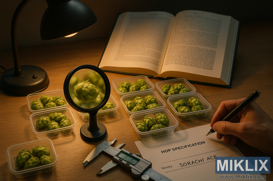 Meja ahli kimia dengan kanta pembesar, angkup, dan sampel hop Sorachi Ace yang tersusun rapi di bawah cahaya lampu hangat, bersama manual teknikal terbuka.